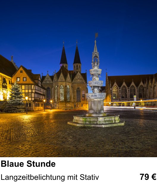 Fotoworkshop zum Thema Stadtlichter zur blauen Stunde in Braunschweig: Langzeitbelichtung mit Stativ